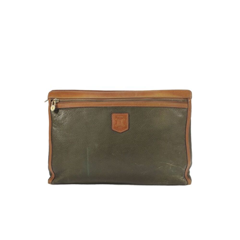 Celine Womens Leather Double Compartment Zip Large Clutch Handbag Browon